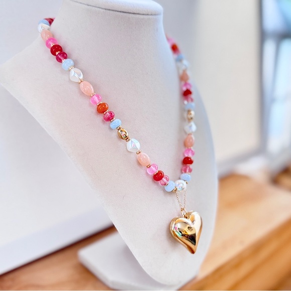 Beaded Gold Heart Pendant Necklace | Statement | Anthropologie Inspired | NWT - Picture 6 of 9